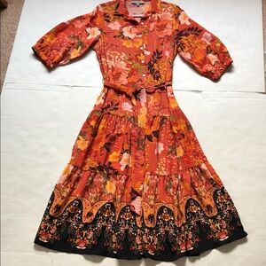 Autumn Floral Print Figueroa & Flower Drop Waist Tiered Maxi Dress Size L